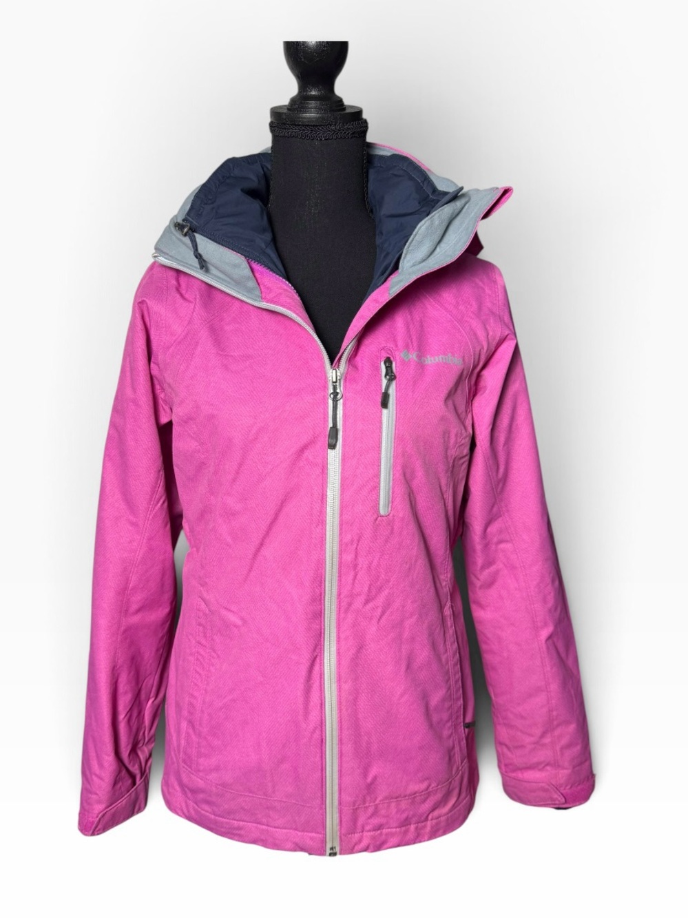 Columbia Omni-Heat Pink Gray Hooded Jacket Women’s XS Full Zip Outdoor Ski